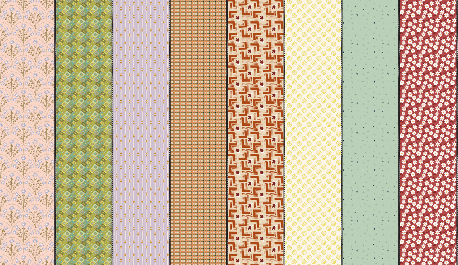 Set of eight different patterned fabric strips in various colors and designs.
