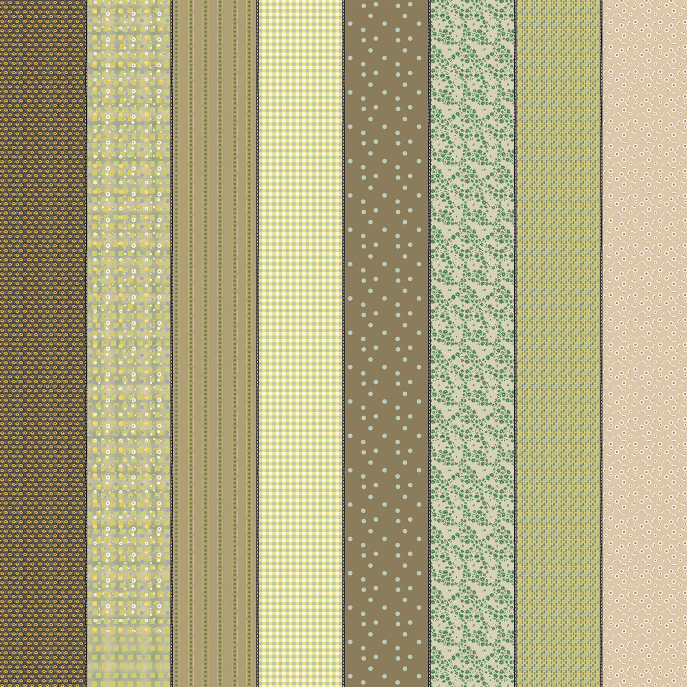 Patterned paper strips in brown, green, and beige with various textures.