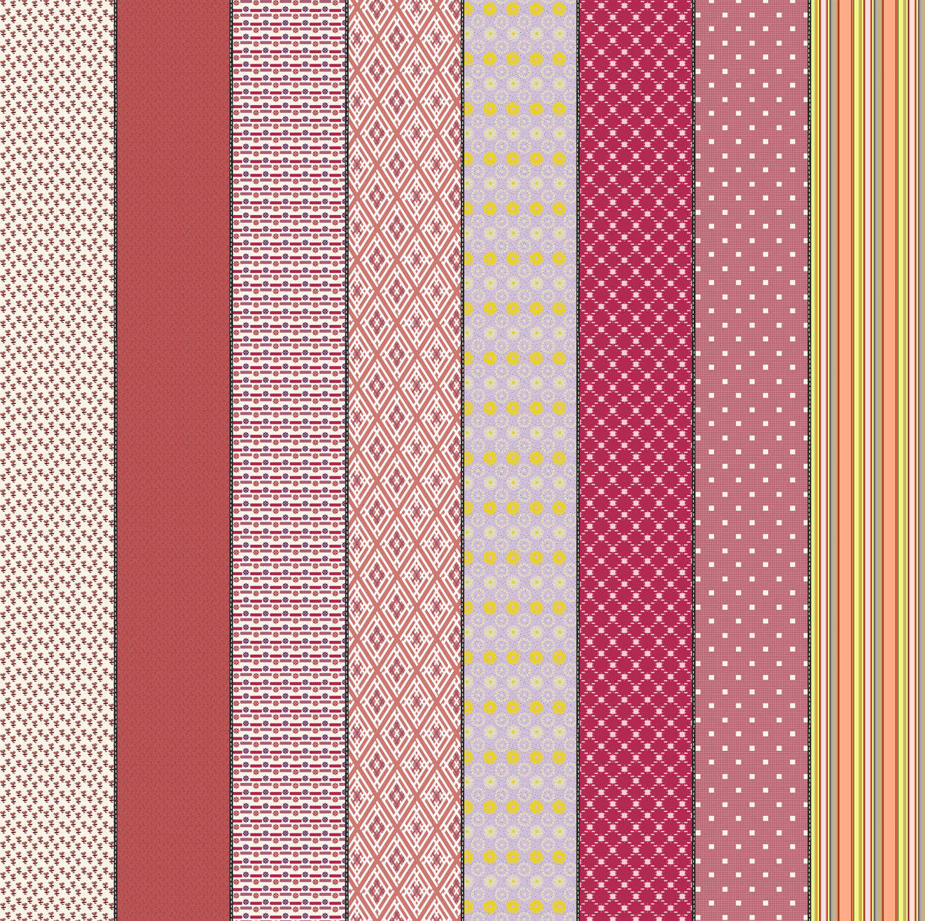 Collection of various patterned fabric strips in different colors.
