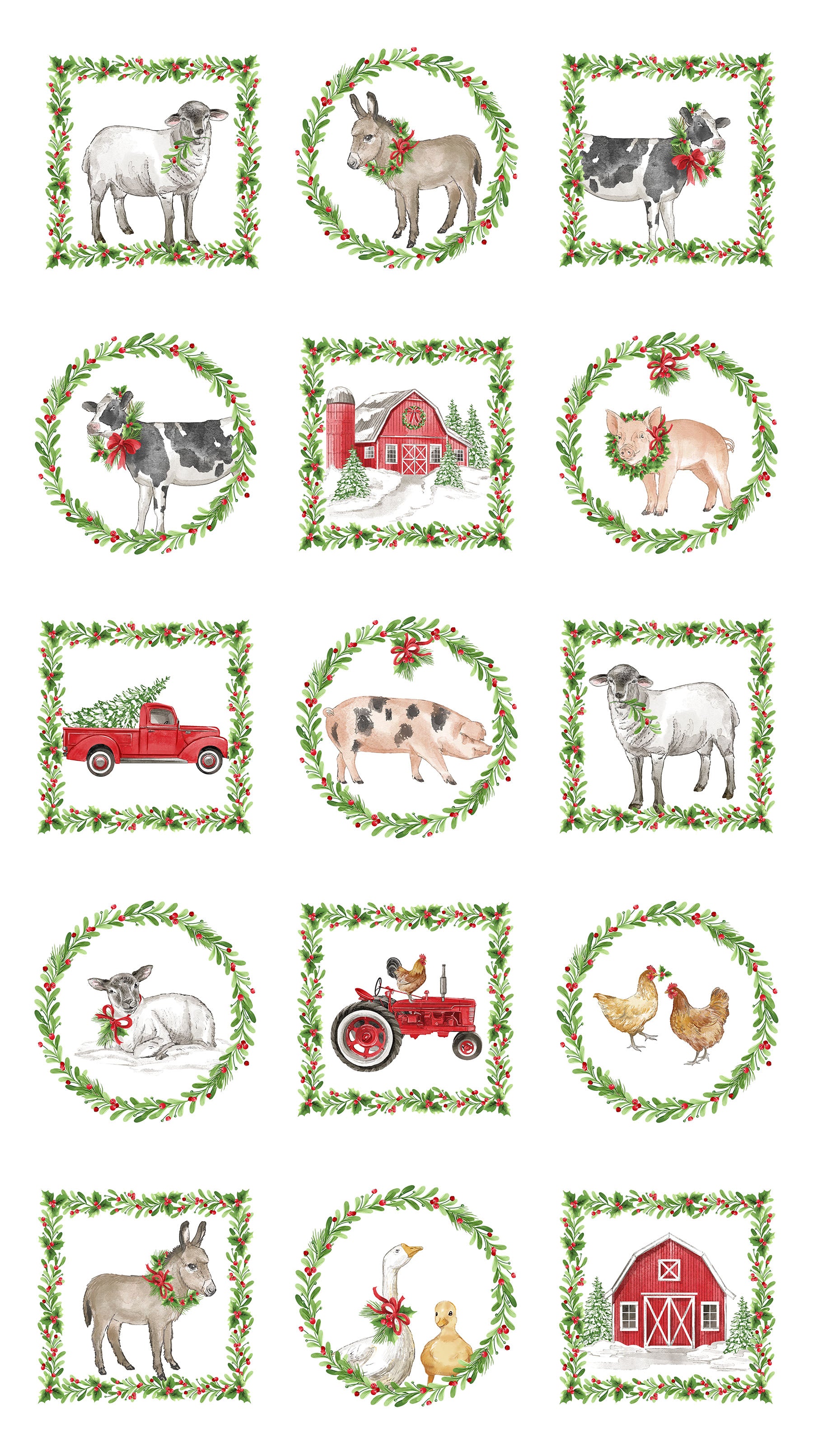 Fabric Northcott Barnyard Christmas White Block Panel 28800-10