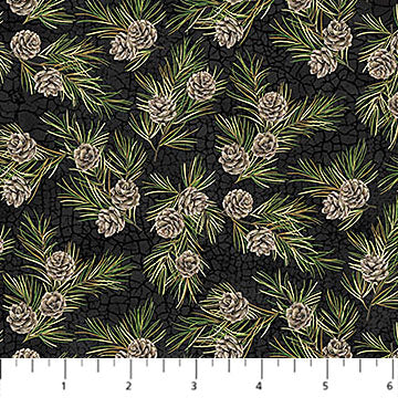 Fabric Northcott Black Tossed Pinecones Bear Necessities by the Quarter Yard 28627-99