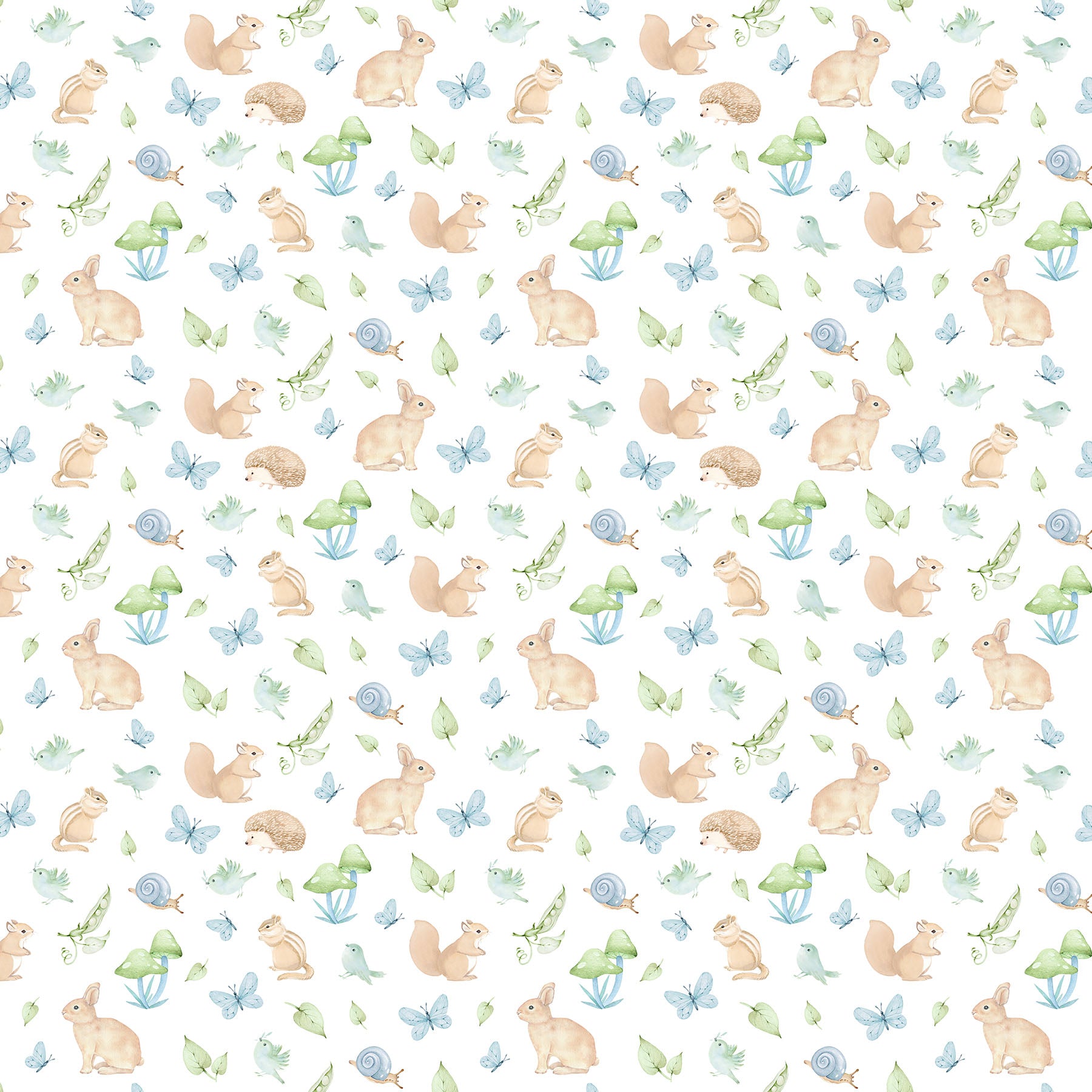 Pattern of rabbits, butterflies, and plants on a white background