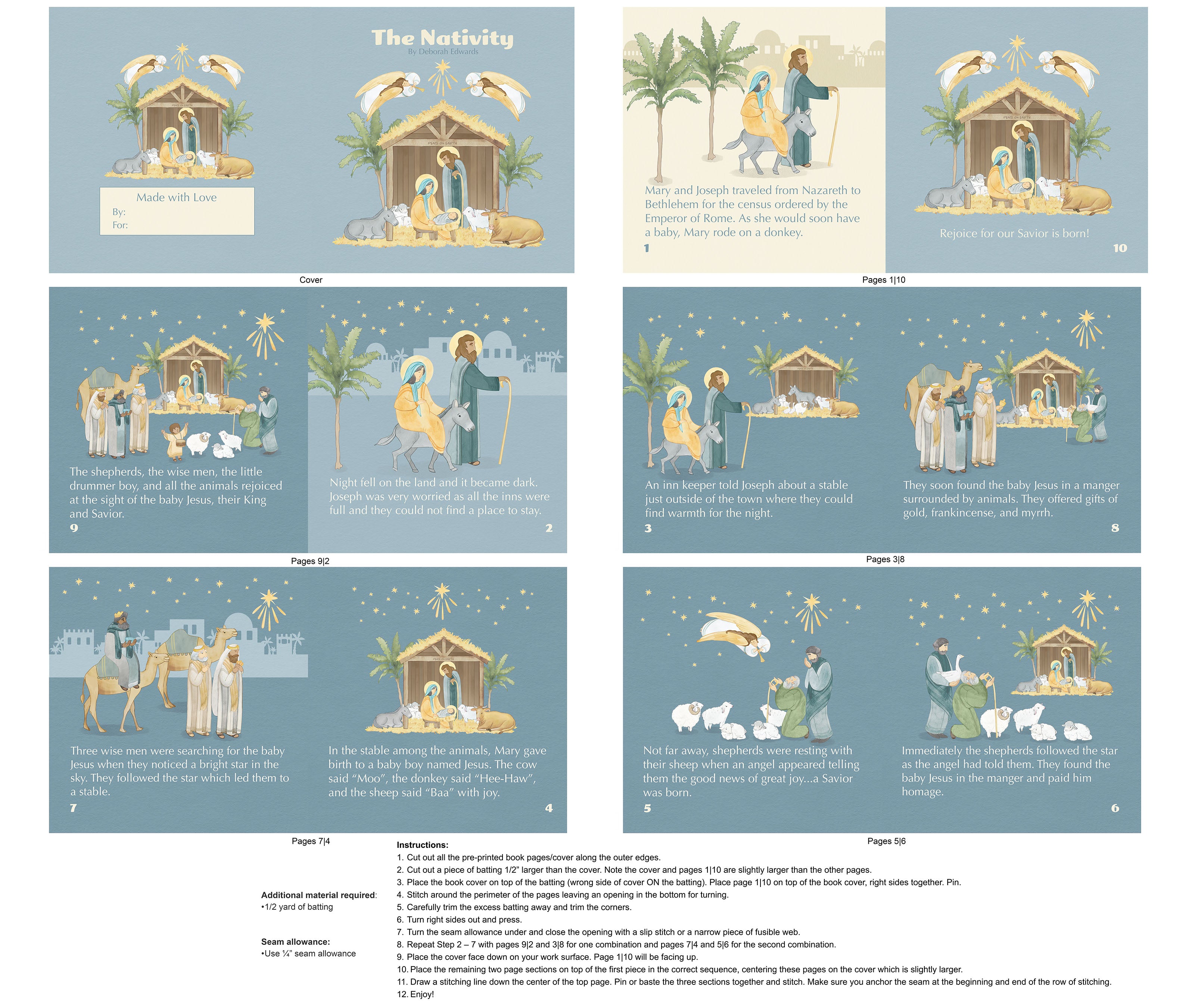 Fabric Northcott Blue Nativity Book Panel DP28994-42