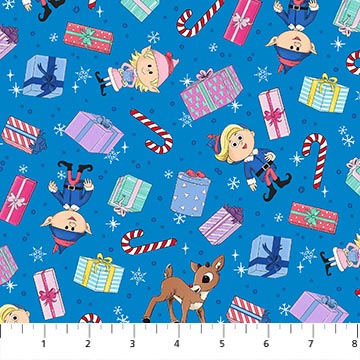 Christmas-themed fabric pattern with presents, candy canes, and reindeer on a blue background.