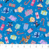 Christmas-themed fabric pattern with presents, candy canes, and reindeer on a blue background.