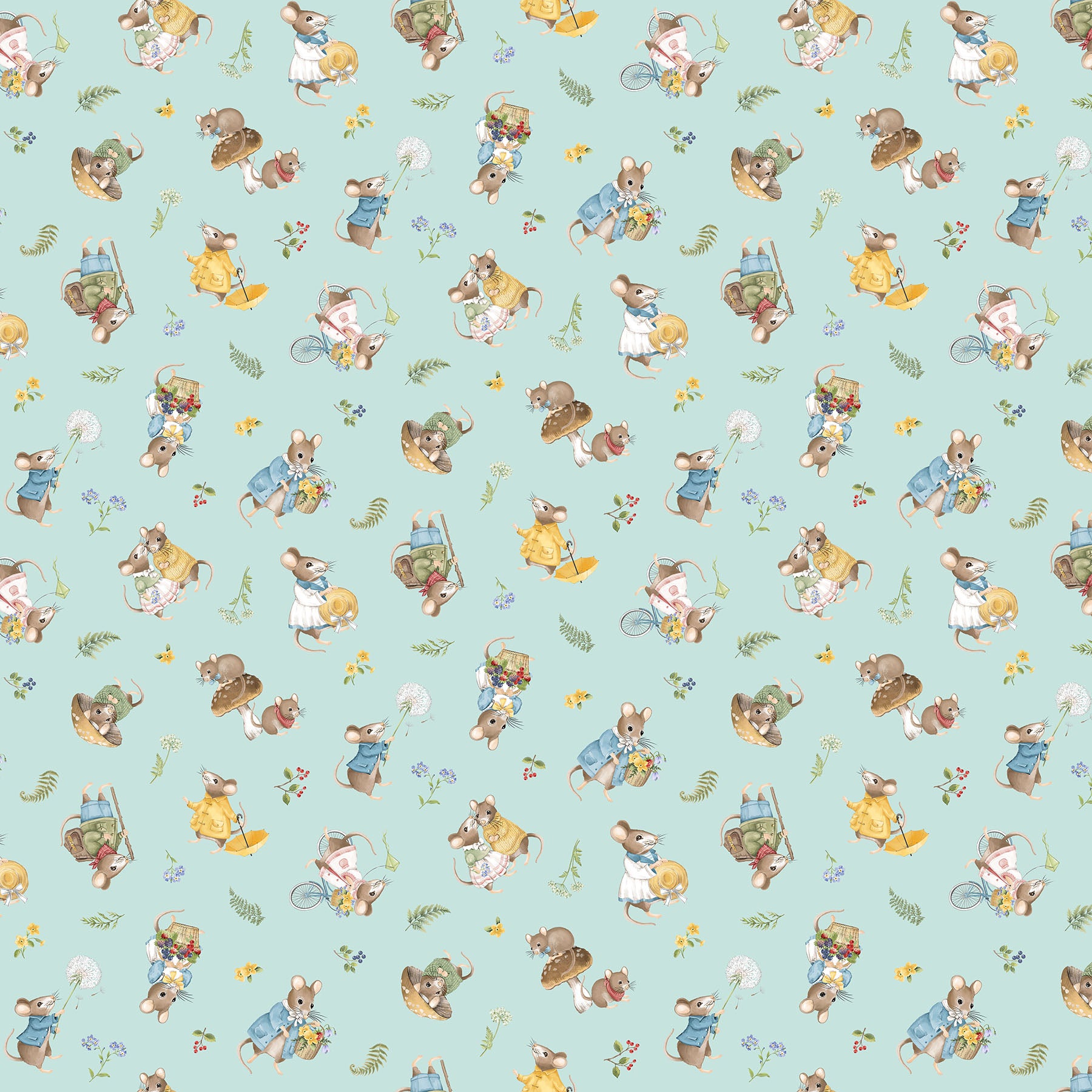 Fabric Northcott Blue Toss Mice Country Mouse by the Quarter Yard DP29007-42