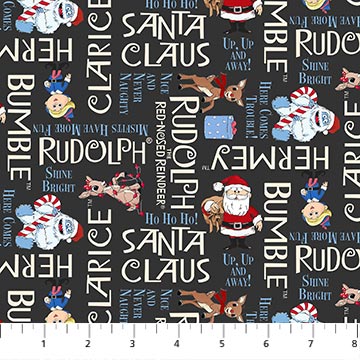 Festive fabric with Christmas-themed text and characters on a gray background