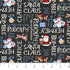Festive fabric with Christmas-themed text and characters on a gray background