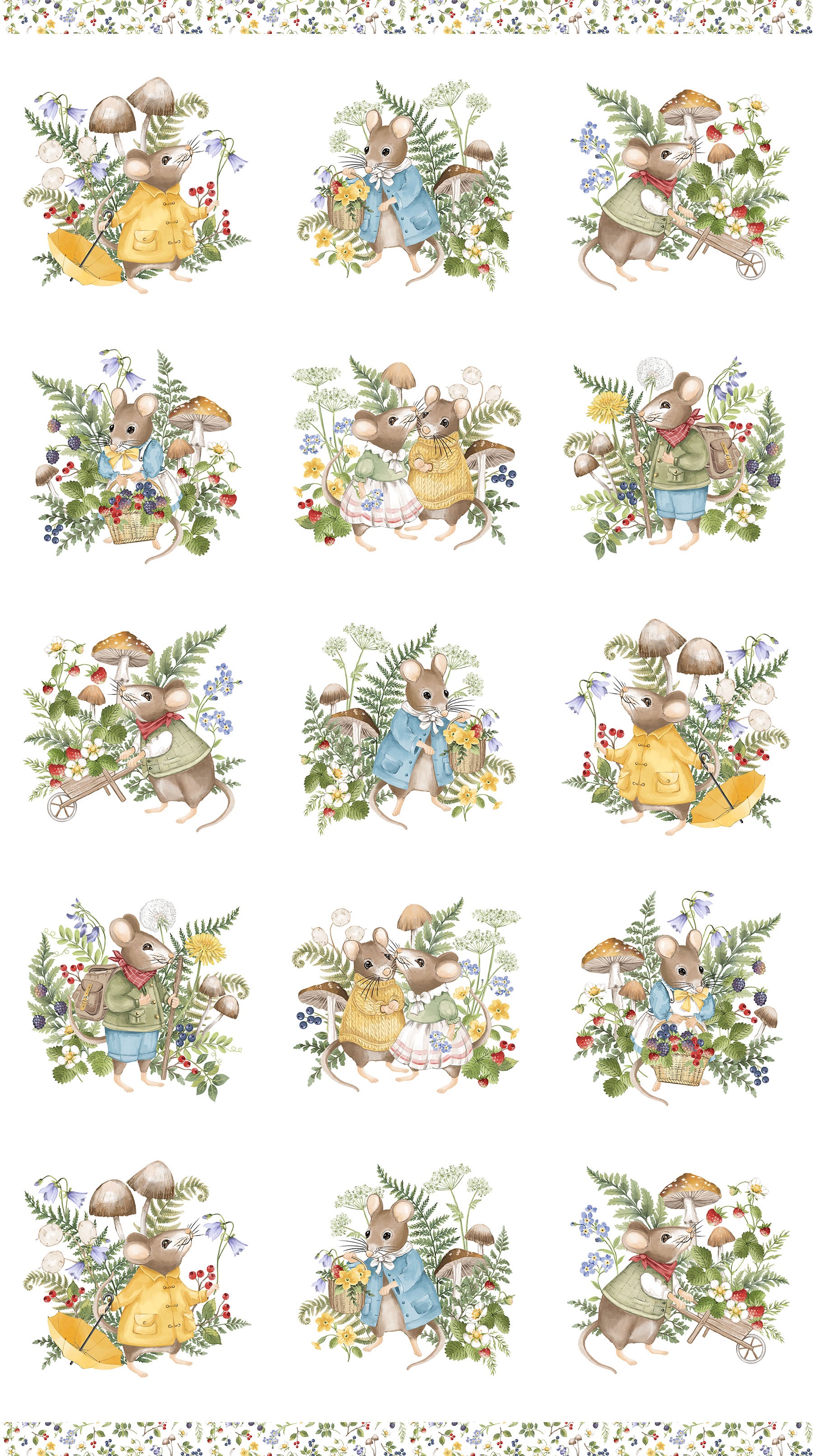 Fabric Northcott Country Mouse White Scenic Block Panel DP29005-10