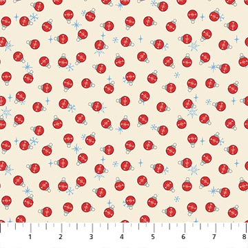 Pattern of red Christmas ornaments on a beige background