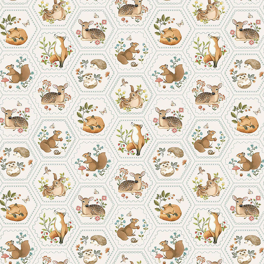 Fabric Northcott Cream Hexie Woodland Heart by the Quarter Yard DP28727-11