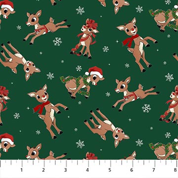 Pattern of cartoon reindeer on a green background with snowflakes