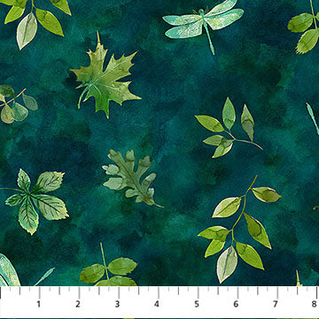 Fabric Northcott Dark Teal Leaves & Dragonflies Luscious by the Quarter Yard DP28753-69