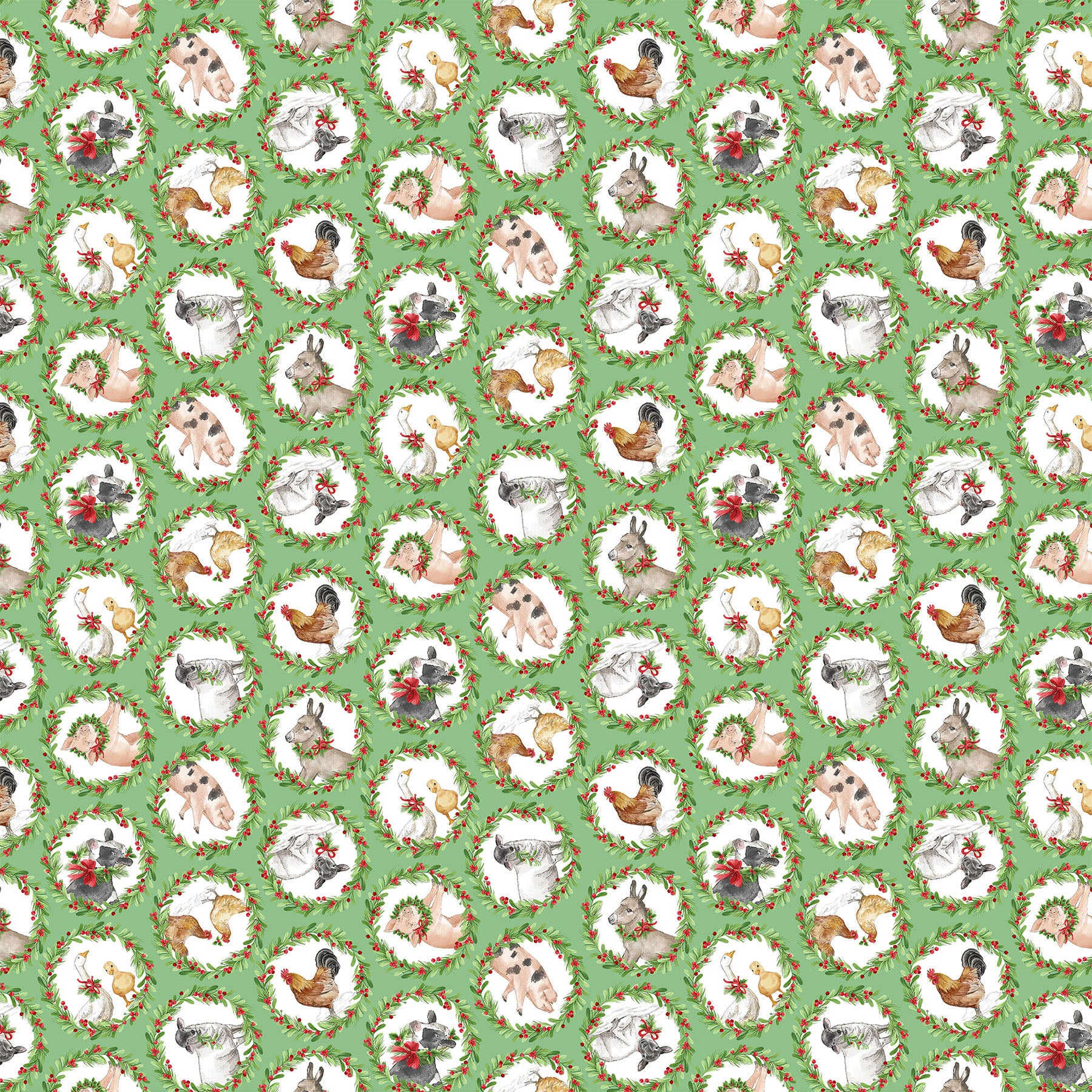 Fabric Northcott Green Animal Wreaths Barnyard Christmas by the Quarter Yard 28803-74