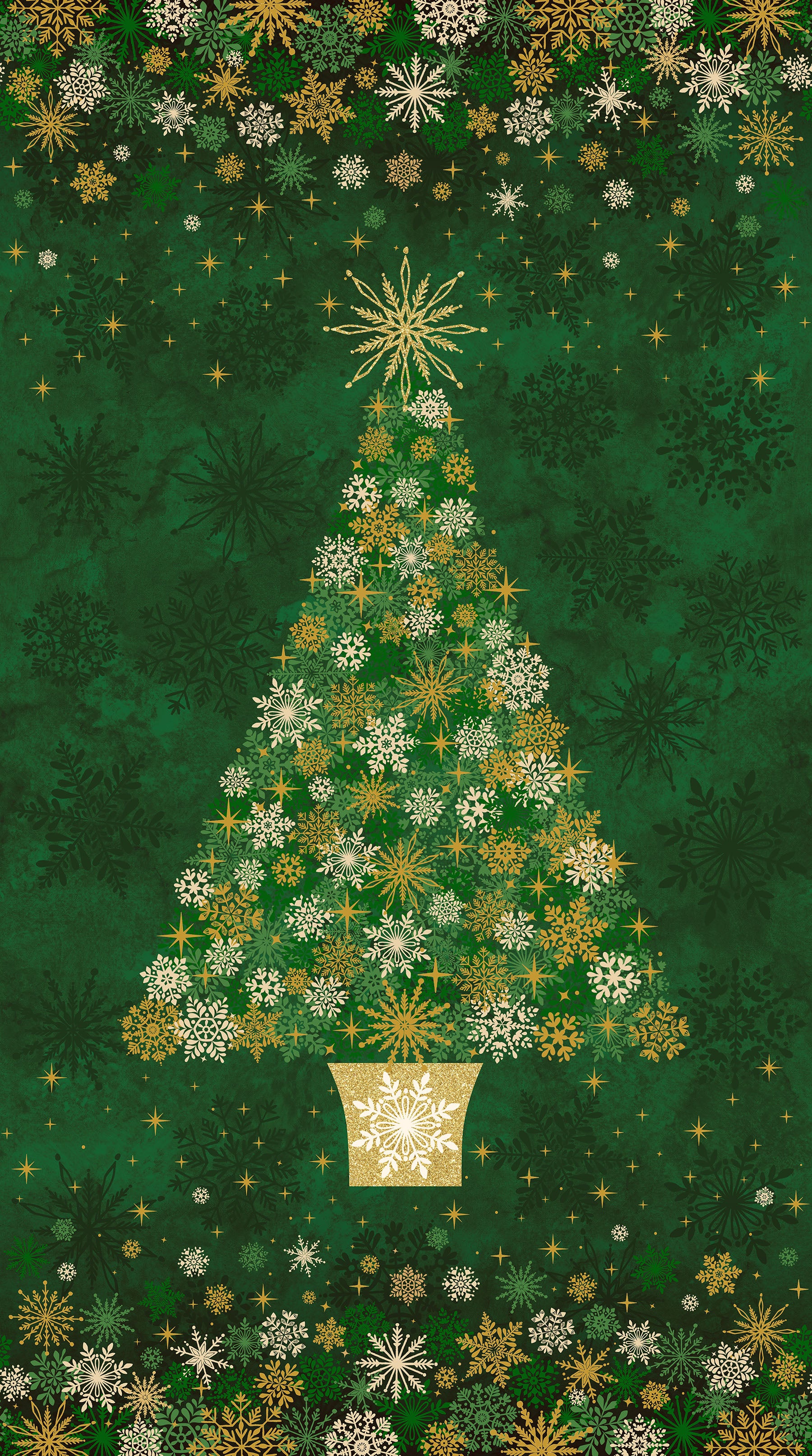 Fabric Northcott Green O' Christmas Tree Shimmer Panel 28955M-74