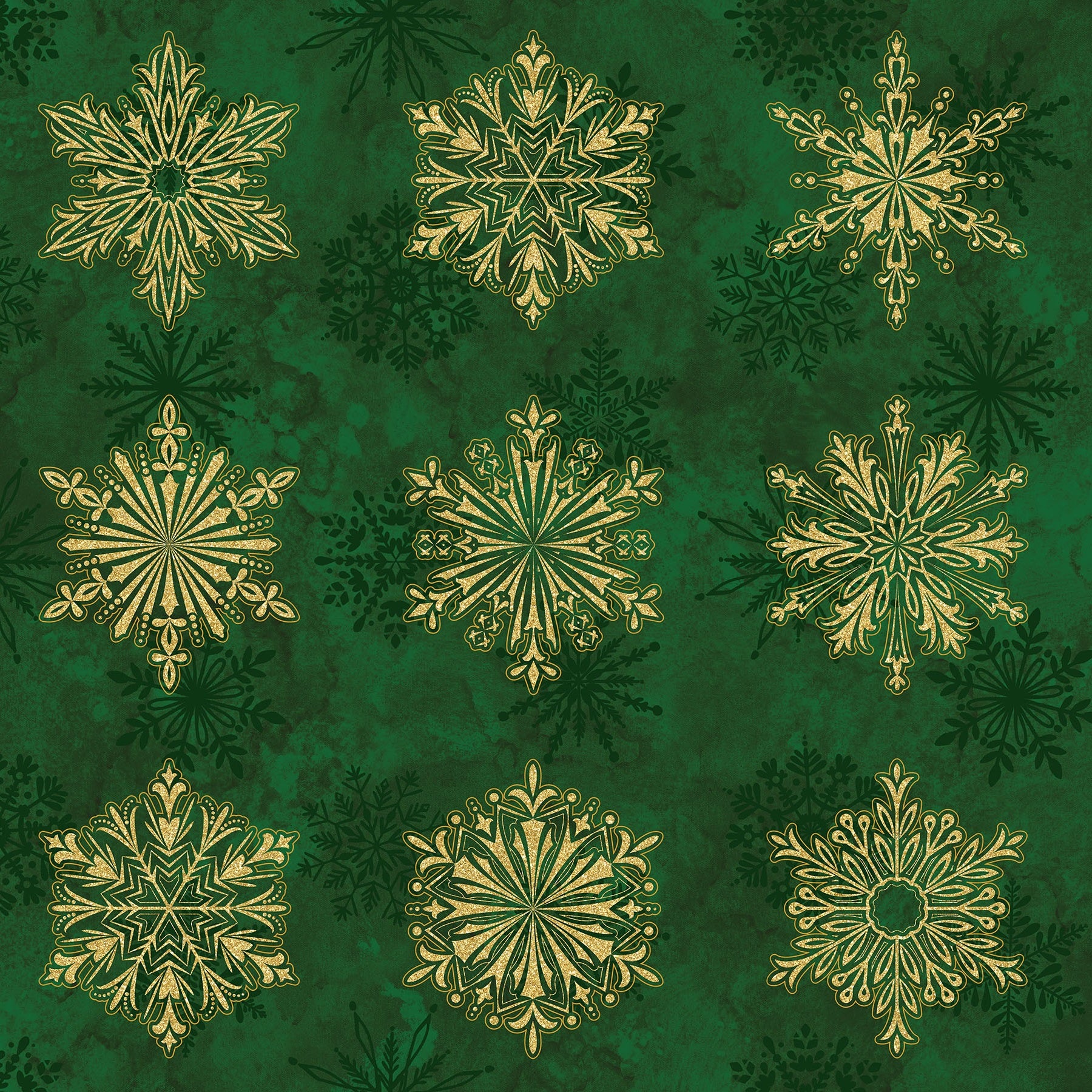 Fabric Northcott Green Snowflake Blocks O' Christmas Tree Shimmer by the Quarter Yard 28957M-74