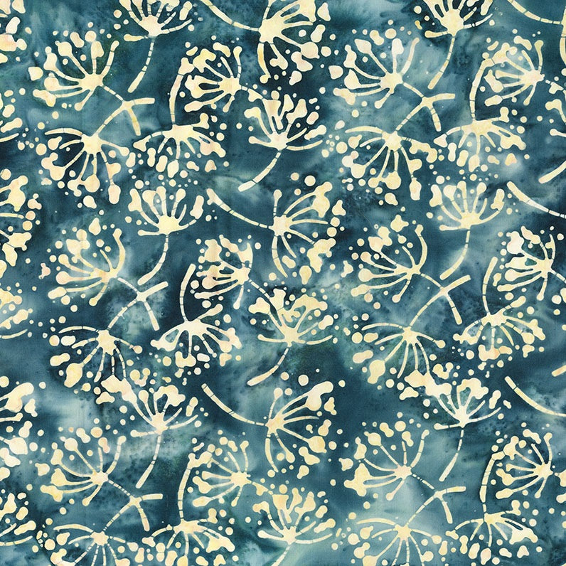 Pattern of white floral shapes on a blue watercolor background