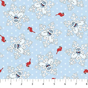 Pattern of snowflakes, reindeer, and a snowman on a light blue background