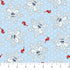 Pattern of snowflakes, reindeer, and a snowman on a light blue background