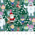 Christmas-themed fabric with Santa Claus, reindeer, and Abominable Snowmen among Christmas trees and presents.