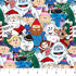 Fabric with Christmas-themed cartoon characters including Santa, reindeer, and elves.