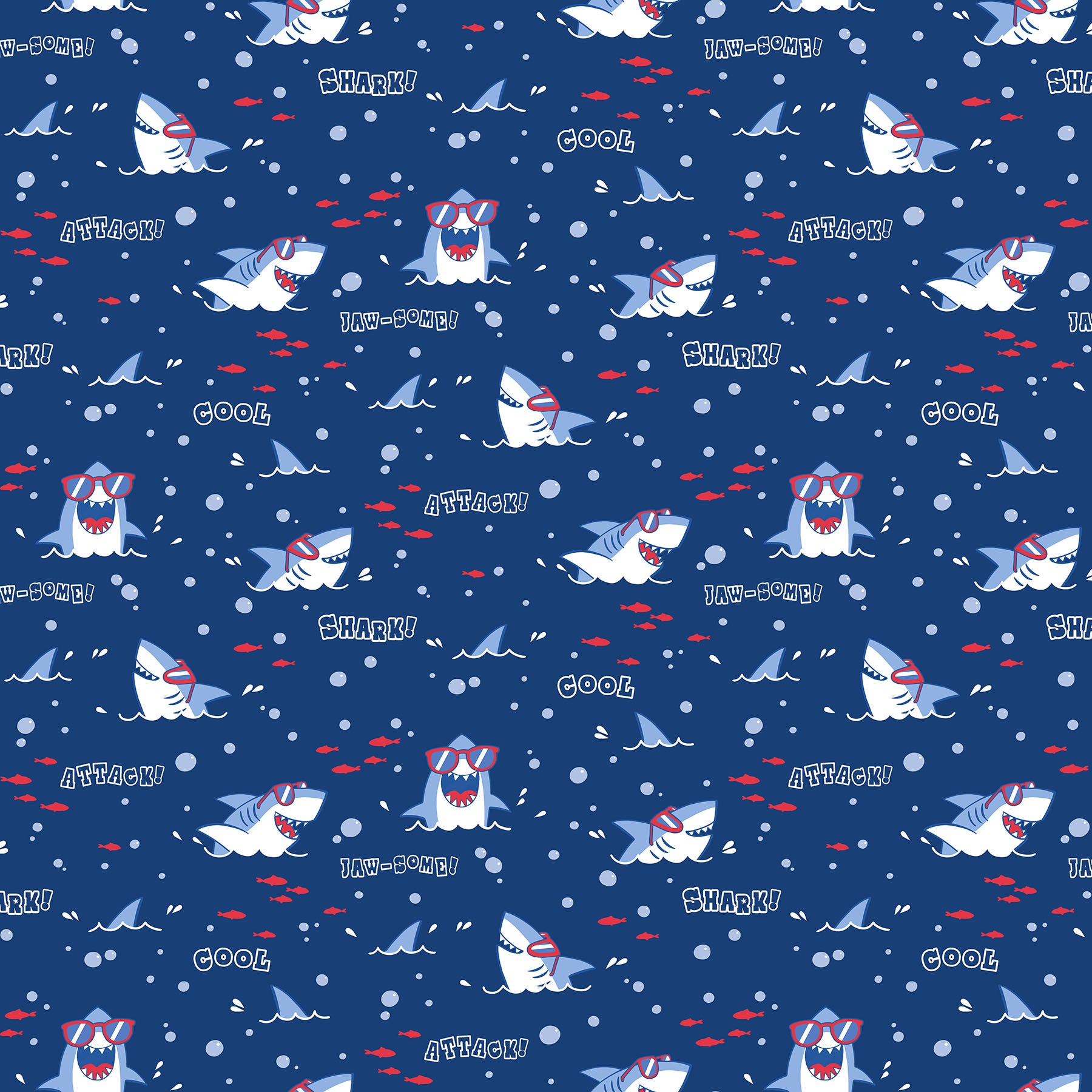 Fabric Northcott Navy Shark Heads Shark Attack by the Quarter Yard 28857-48