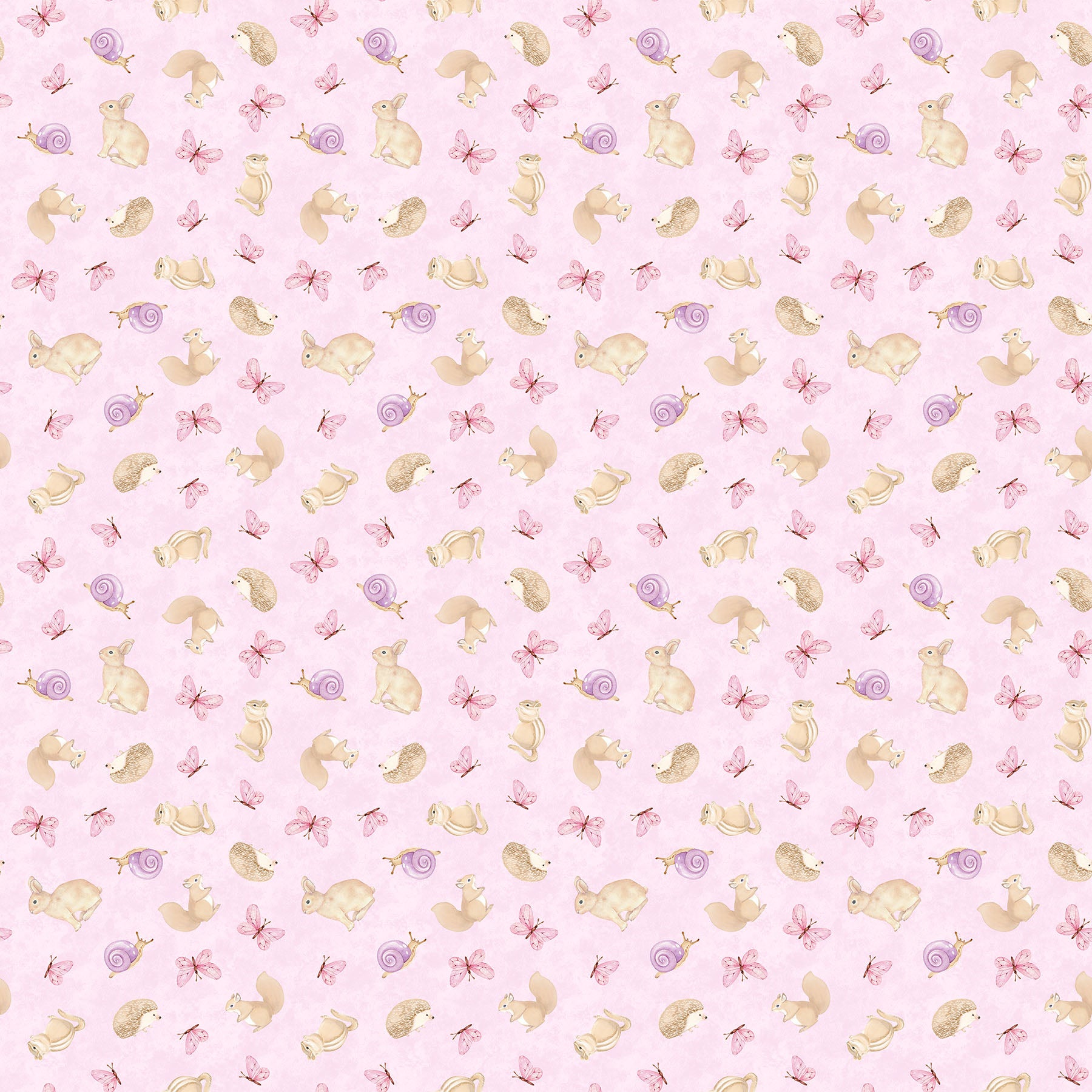 Pattern of bunnies, snails, and butterflies on a pink background