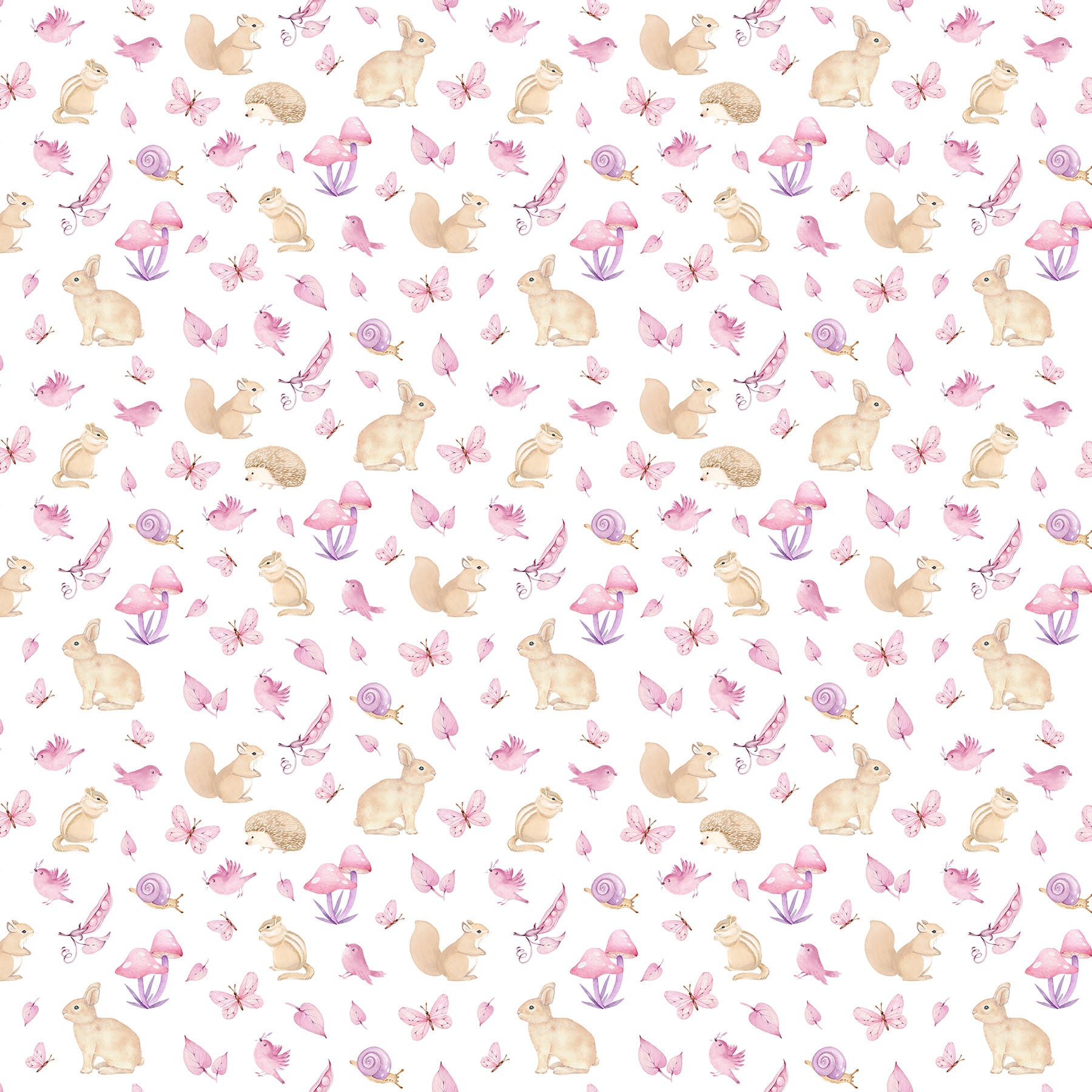 Pattern of rabbits, leaves, and mushrooms on a white background