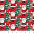Pattern of Santa Claus, reindeer, and Christmas trees on a red background.