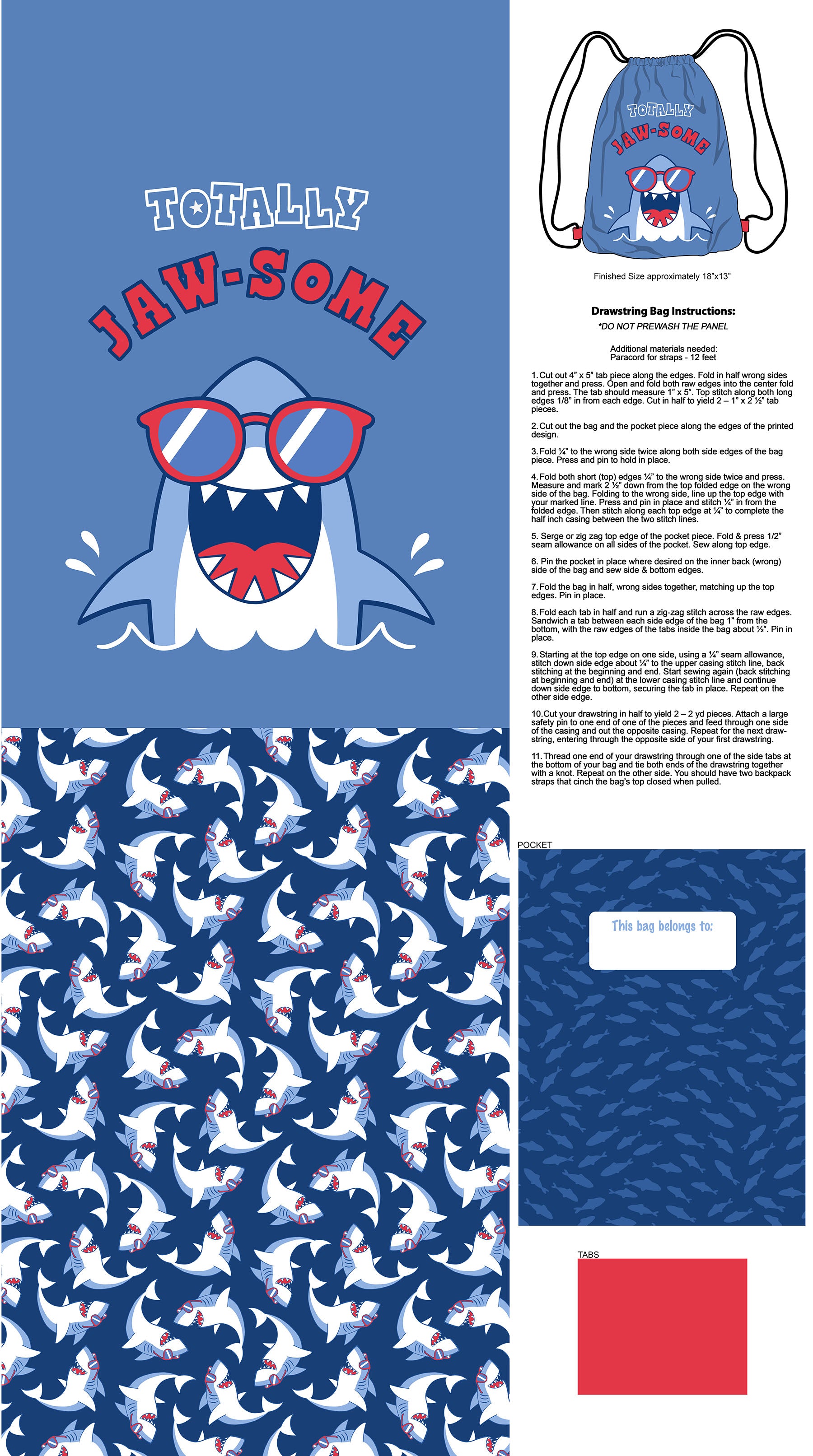 Fabric Northcott Shark Attack Bag Panel C28861-48
