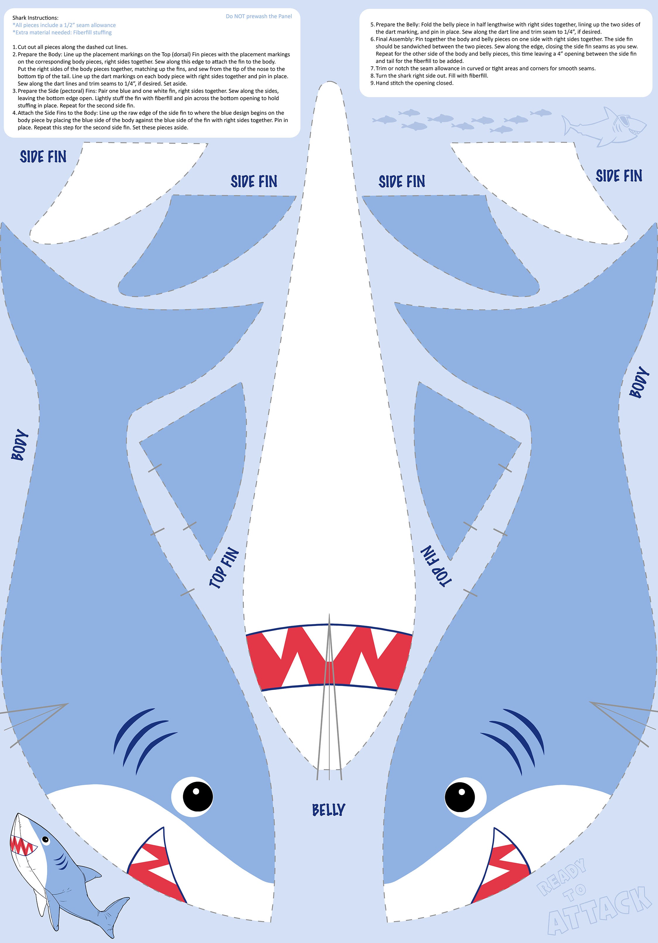 Fabric Northcott Shark Attack Minky Shark Panel MK28862-44