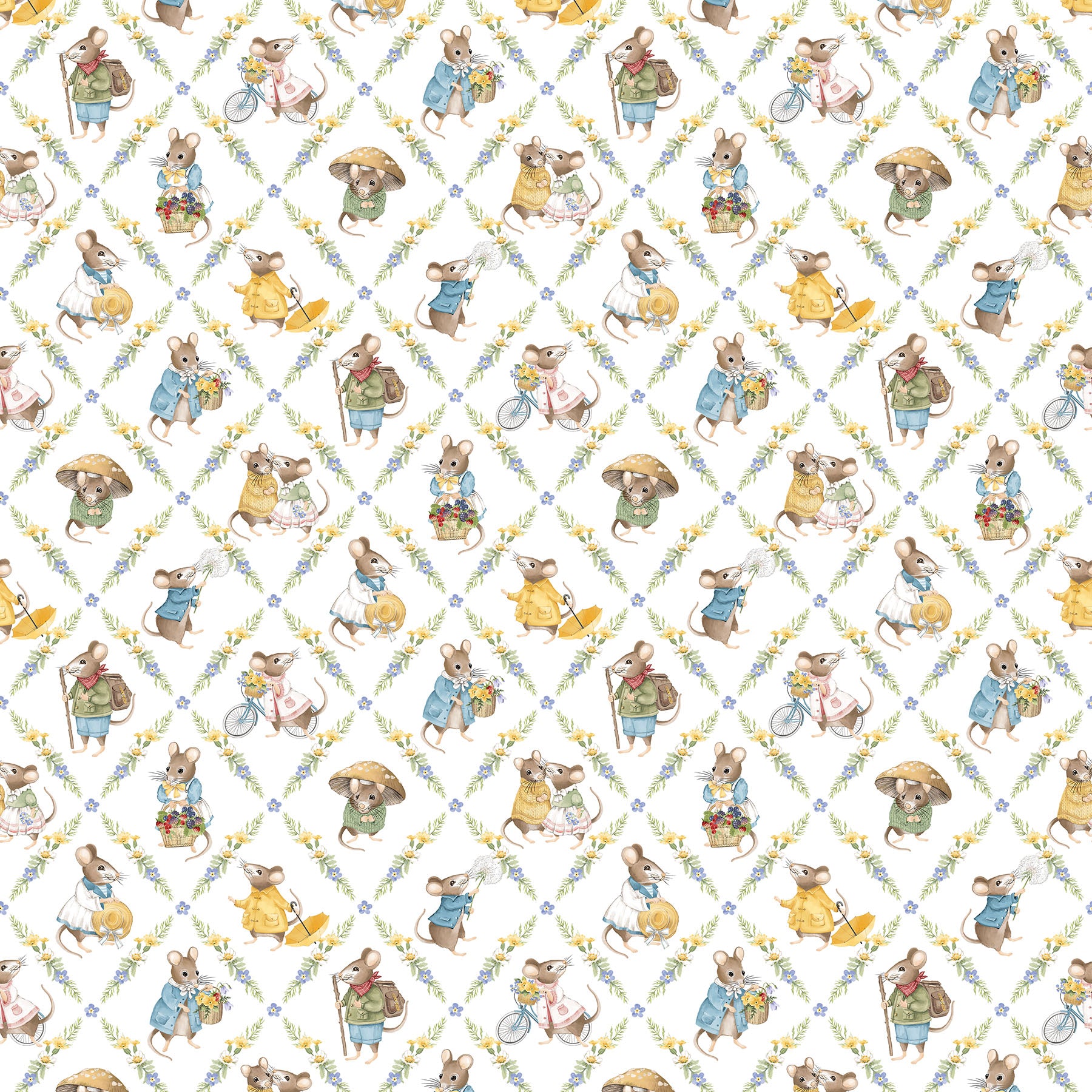 Fabric Northcott White Diamond Grid Country Mouse by the Quarter Yard DP29008-10
