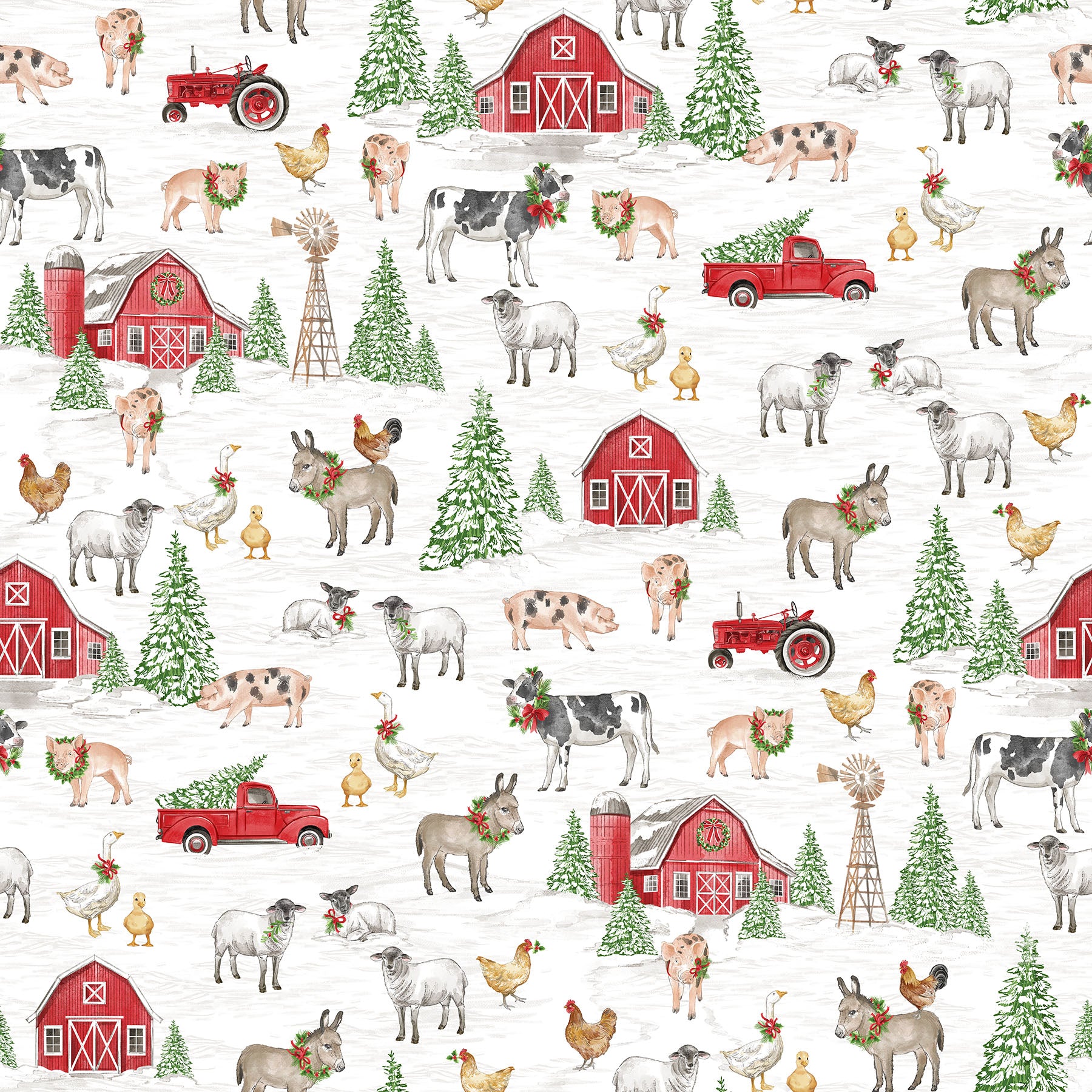 Fabric Northcott White Scenic Barnyard Christmas by the Quarter Yard 28801-10
