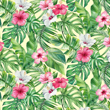 Fabric Northcott Yellow Palm Hibiscus Coastal Breeze by the Quarter Yard DP28558-52