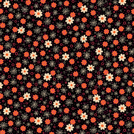 A repeating floral pattern on a black background, featuring orange and cream flowers with small pink and white geometric accents.