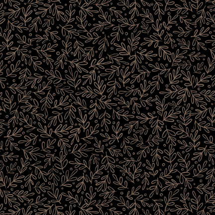 A seamless repeating pattern of delicate brown line-art botanical leaves and small dots on a solid black background.