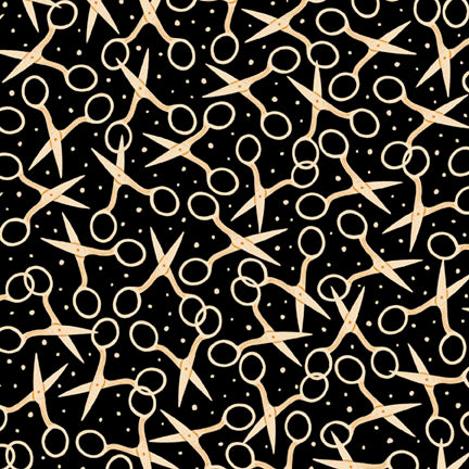 A repeating pattern of gold scissors on a black background, with small scattered gold dots throughout.