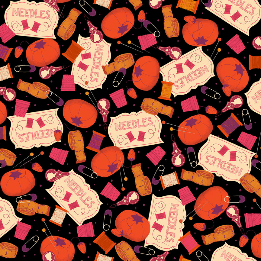 A repeating Halloween-themed pattern featuring orange pumpkins, pink thread spools, wooden needles, and cream-colored labels that read 'NEEDLES' on a black background.