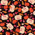A repeating Halloween-themed pattern featuring orange pumpkins, pink thread spools, wooden needles, and cream-colored labels that read 'NEEDLES' on a black background.