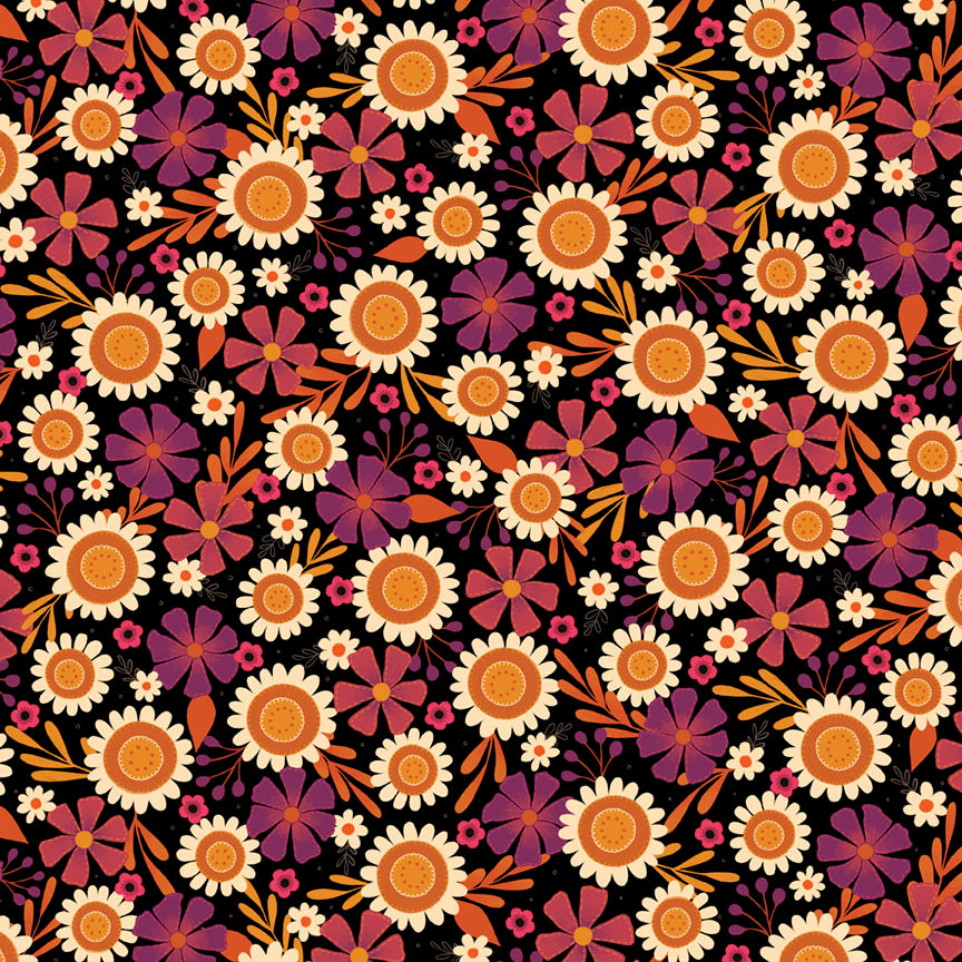 A seamless retro floral pattern featuring stylized daisy-like flowers in orange, cream, and purple with mustard yellow centers, set against a solid black background.