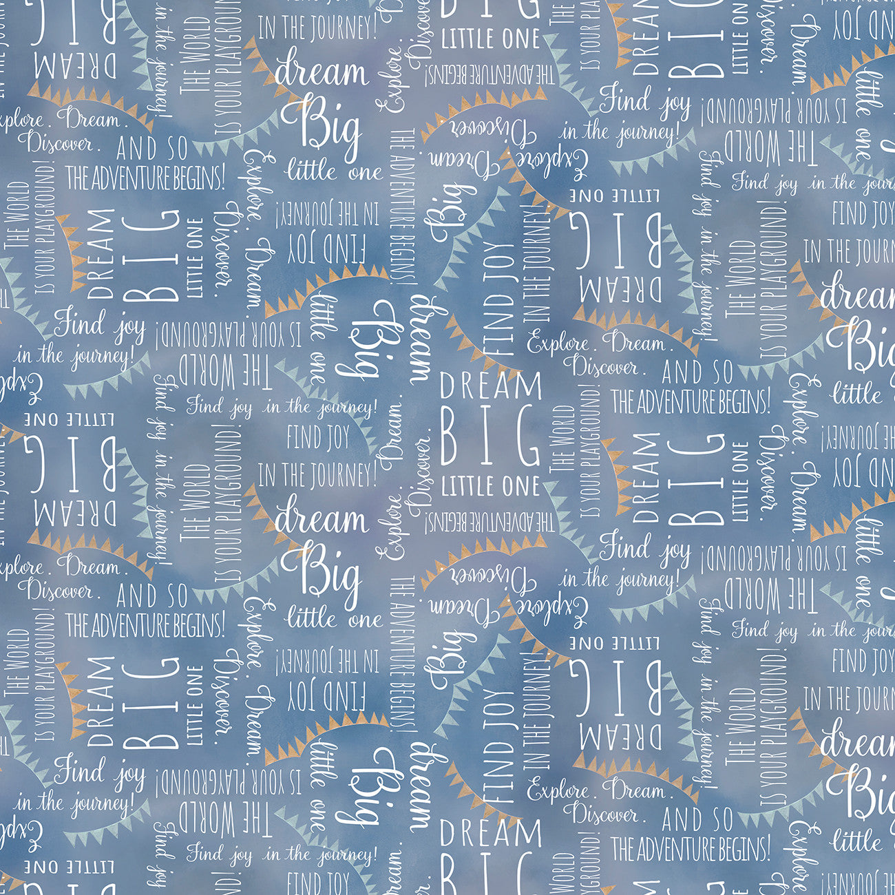 Fabric P & B Textiles Blue 4-Way Phrases Let's Go On An Adventure by the Quarter Yard LGOA-5936-B