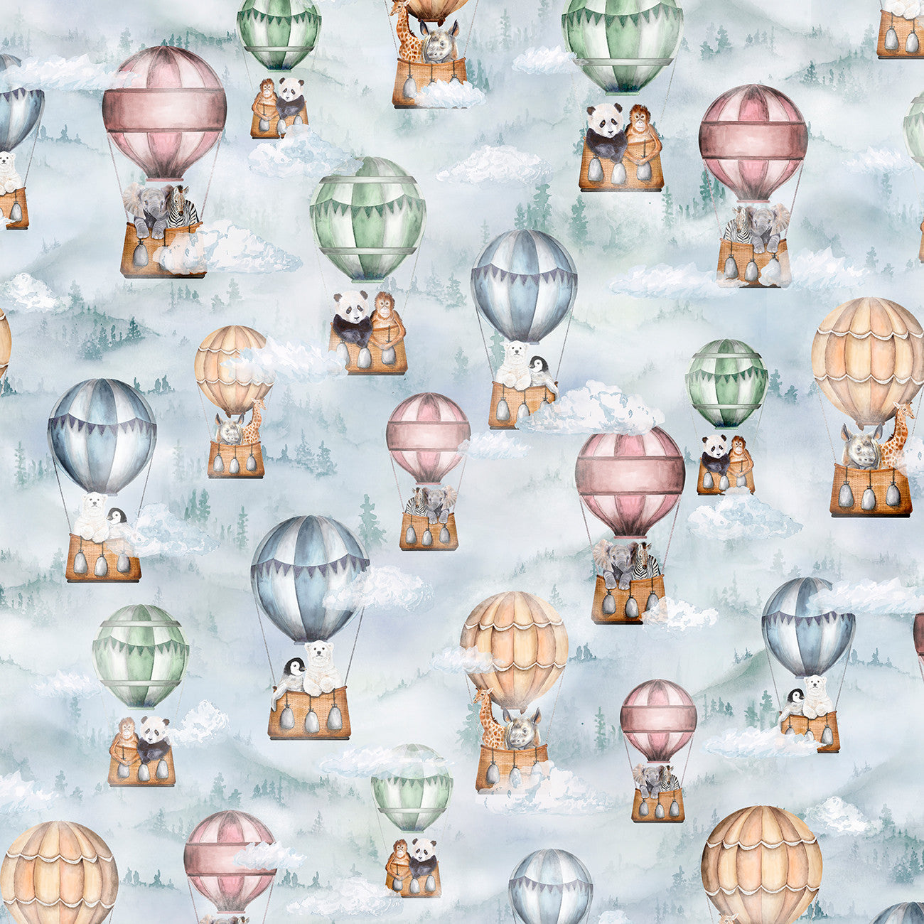 Fabric P & B Textiles Blue Green Hot Air Balloons Allover Let's Go On An Adventure by the Quarter Yard LGOA-5934-BG