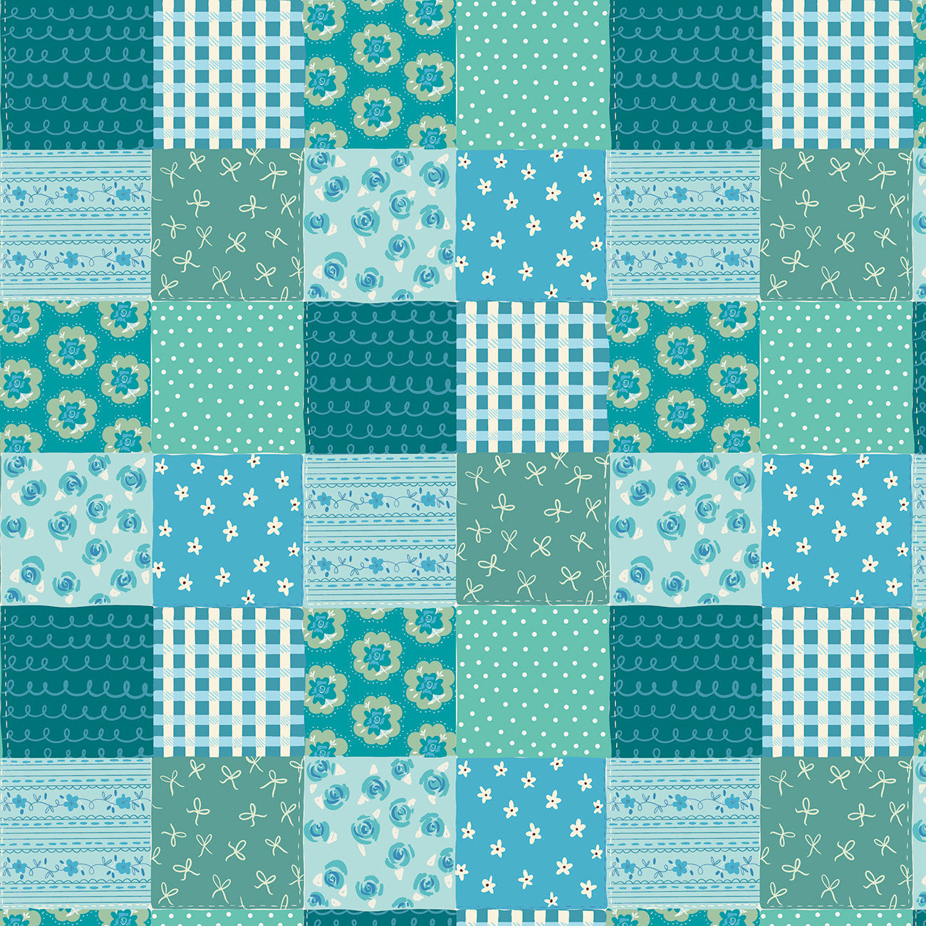 Fabric P & B Textiles Blue Green Patterned Patchwork Things with Wings by the Quarter Yard TWWI6000-BG