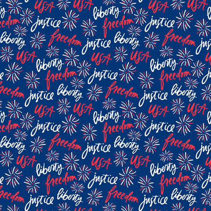 Fabric P & B Textiles Blue Verbiage and Fireworks Patriotic Minis by the Quarter Yard PMIN6043-B
