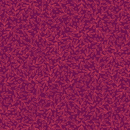 A repeating botanical pattern of small leafy vines in a muted pinkish-red tone over a deep magenta-purple background.