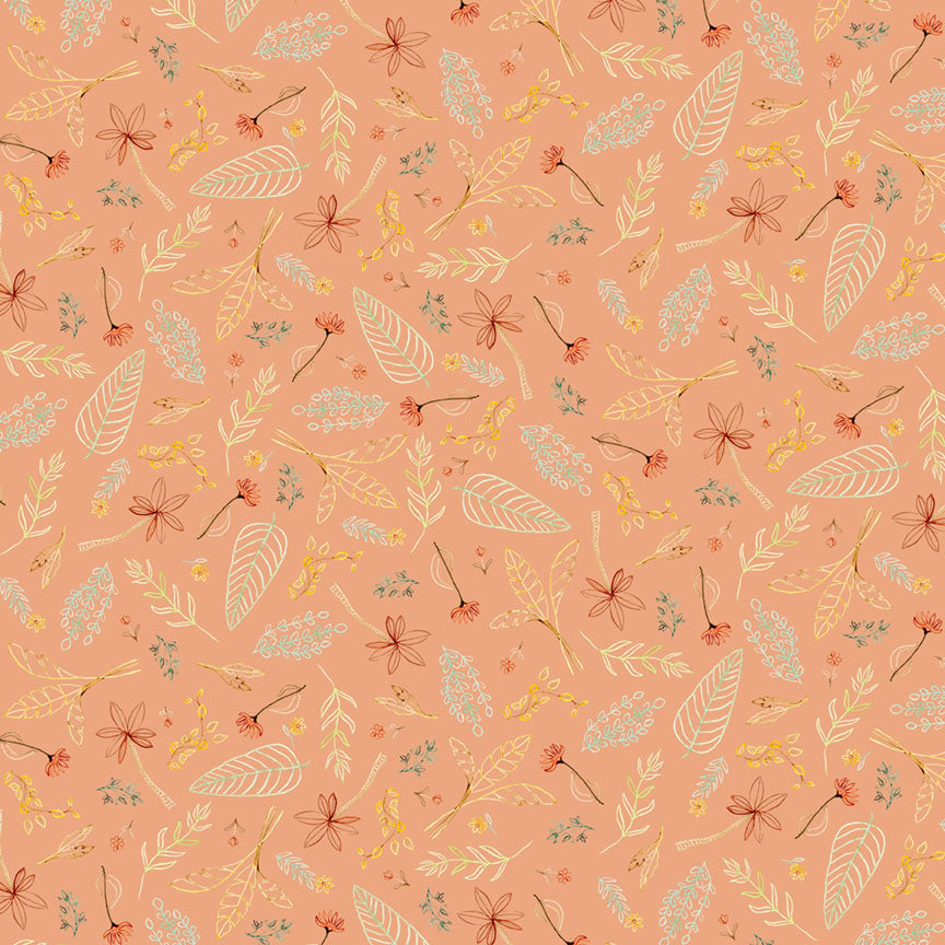 Fabric P & B Textiles Coral Tossed Leaves Mini Menagerie by the Quarter Yard MMEN6119-J