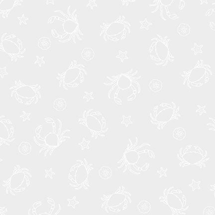A light gray seamless pattern featuring white line-art illustrations of crabs, starfish, and seashells.