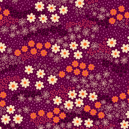 A repeating floral pattern on a deep purple background, featuring white daisy-like flowers with orange centers, orange flowers, and small white geometric star and circle motifs.