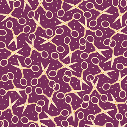 A repeating pattern of gold scissors on a deep purple background with small gold dots throughout.