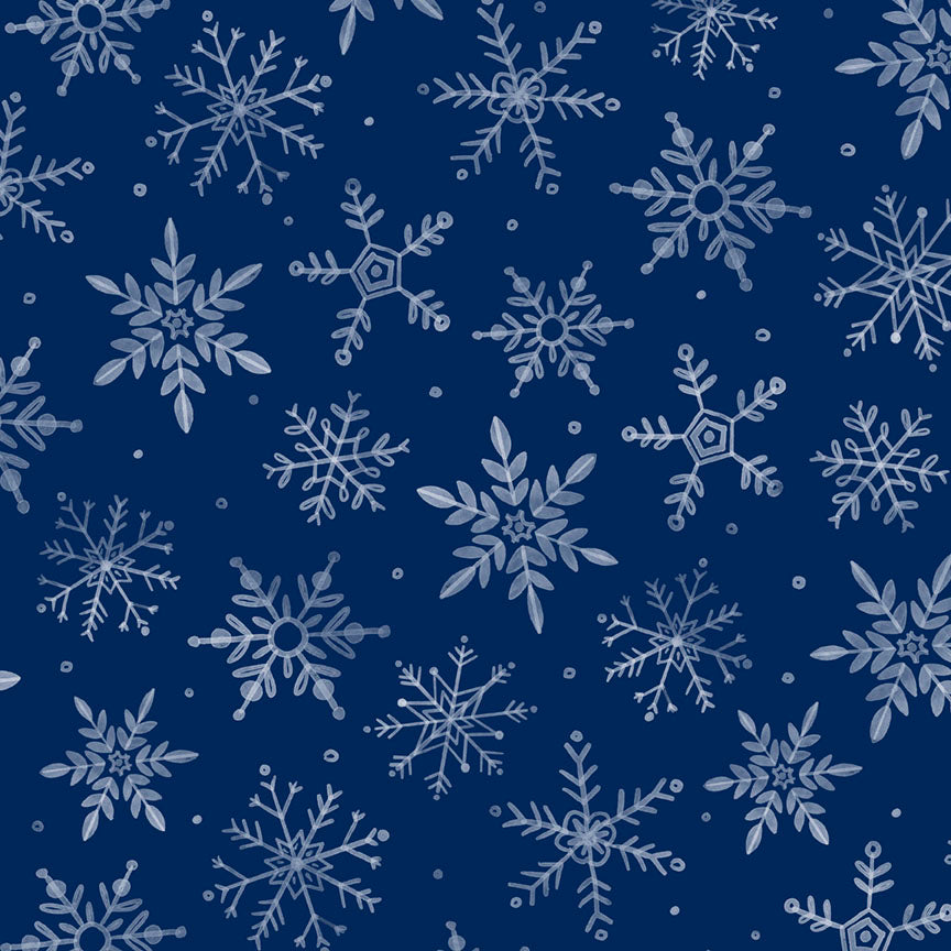 Fabric P & B Textiles Dark Blue Snowflakes First Frost 108" Wide Back by the Quarter Yard 6298-DB